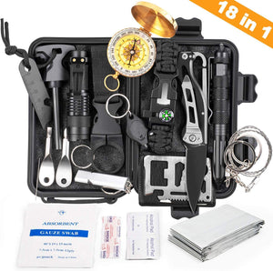 KOSIN Survival Gear, 18 in 1 Emergency Survival Kit, Professional Tactical Defense Equitment Tool with Knife Blanket Bracelets Backpack Temperature Compass Fire Starter for Adventure Outdoors Sport